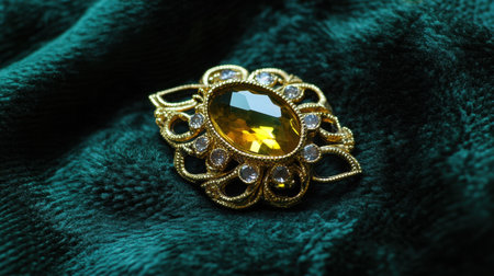 Discover the elegance of this vintage brooch featuring a stunning yellow gemstone set in ornate gold detailing, displayed on rich green velvet.の素材