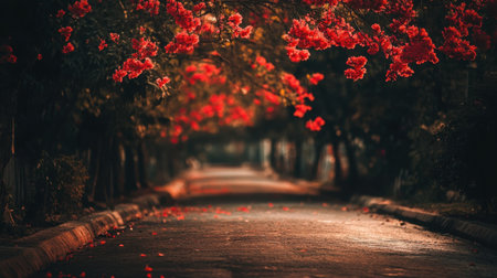 A stunning pathway surrounded by vibrant red blossoms creates a serene atmosphere in this enchanting outdoor scene, perfect for nature lovers.の素材