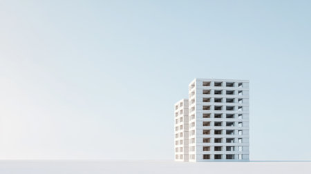 A striking visual of two modern residential buildings showcasing minimalist architecture against a clear sky, emphasizing space and design aesthetics.の素材