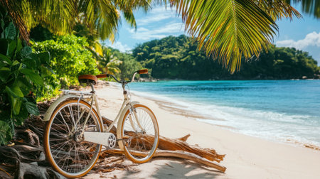 A picturesque scene featuring a vintage bicycle resting on a beach with soft sand and gentle waves, encircled by vibrant greenery and a bright sky.の素材