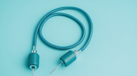 This image features a flexible turquoise hose with metallic ends, elegantly positioned on a pastel blue surface, ideal for modern design themes.の素材