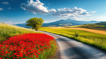 A serene landscape showcasing a vibrant field of red poppies alongside a winding road, surrounded by lush green hills and a clear blue sky with soft clouds.の素材