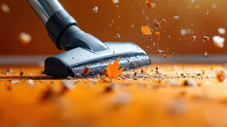 A vacuum cleaner efficiently removes debris and autumn leaves from a carpet, creating a dynamic scene filled with particles in motion, showcasing cleanliness.の素材