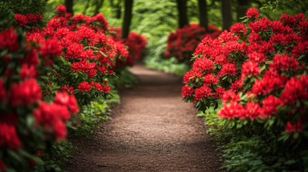 A picturesque garden path meanders through lush greenery, framed by stunning vibrant red flowers. The scene captures the essence of tranquility and natural beauty.の素材
