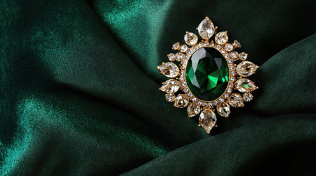 This stunning brooch features an exquisite green gemstone at its center, surrounded by sparkling crystals, resting elegantly on rich green fabric.の素材