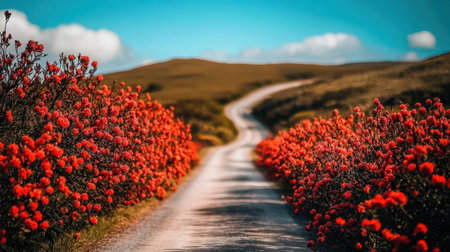 A tranquil winding pathway flanked by vibrant red flowers leads through a stunning landscape under a picturesque blue sky with fluffy clouds.の素材