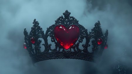 A striking crown adorned with a large heart-shaped red gem stands majestically amidst swirling fog, combining elegance with a mysterious atmosphere.の素材