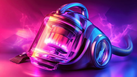 Explore a sleek vacuum cleaner displayed against a vibrant, colorful background. The blend of advanced technology and modern design highlights efficiency and style.の素材