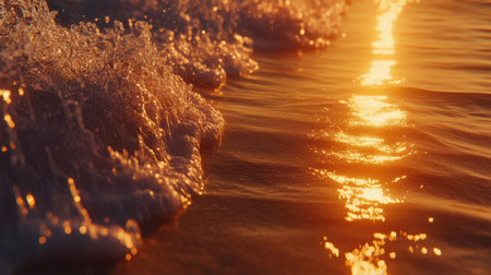 An enchanting sunset scene captures gentle ocean waves reflecting golden sunlight, creating a serene and peaceful atmosphere at the beach.の素材