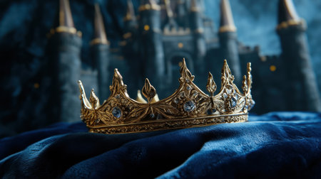 This captivating image features an elegant golden crown resting on luxurious blue velvet, complemented by a majestic castle in the twilight background, evoking a sense of royalty and charm.の素材