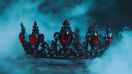 This captivating image features a stunning black crown adorned with red gemstones, enveloped in a mystical fog, creating an enchanting and dramatic effect.の素材