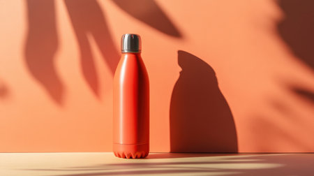 This image features a vibrant red insulated water bottle standing elegantly against a soft orange backdrop, showcasing beautiful shadows and light interplay.の素材
