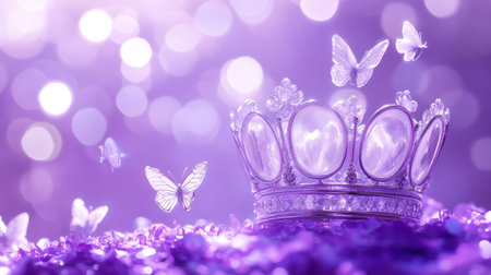 A stunning crown sits elegantly against a soft purple backdrop, surrounded by ethereal butterflies, evoking feelings of fantasy and grace.の素材