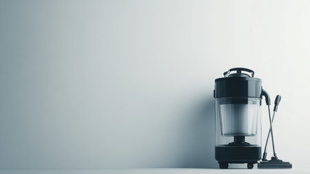 A sleek and modern vacuum cleaner sits against a clean, minimalist background. This image ensures ample space for branding and textual elements, perfect for promotional materials.の素材