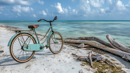 A charming vintage bicycle stands on a sandy beach, overlooking the serene turquoise ocean and a dramatic sky, evoking a sense of peaceful adventure.の素材