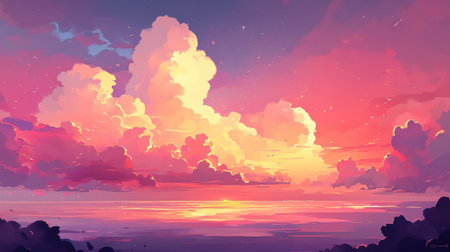 A stunning digital artwork capturing a serene sunset over the ocean, featuring vibrant clouds and warm hues that inspire tranquility and beauty.の素材