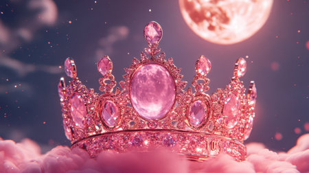 A stunning pink crown embellishing a collection of shimmering gemstones rests atop a soft, cloud-like base, illuminated by a majestic moon.の素材