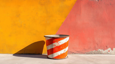 An eye-catching urban scene showcasing an orange and white striped barrel set against a bold yellow and pink wall, creating a striking visual contrast.の素材
