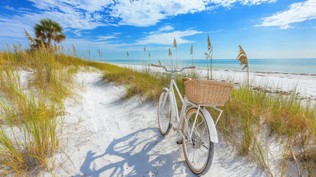 A charming beach scene featuring a white bicycle resting on a sandy pathway, surrounded by lush grass under a vivid blue sky, perfect for summer getaway.の素材