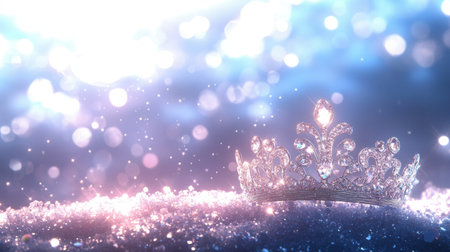 A beautiful tiara adorned with jewels rests on a surface sprinkled with glitter, against a dreamy bokeh background that exudes luxury and elegance.の素材