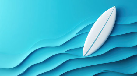 This image features an abstract design of a white surfboard on vibrant blue waves, symbolizing adventure, summer fun, and water activities in a minimalist style.の素材