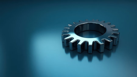 A detailed view of a shiny metallic gear resting on a smooth blue surface, perfect for illustrating industrial and engineering themes in various projects.の素材