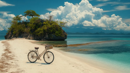 A picturesque scene featuring a vintage bicycle on a tranquil sandy beach, surrounded by crystal-clear water and stunning sky, perfect for travel inspiration.の素材