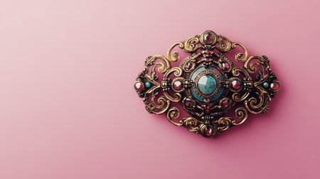 This stunning vintage brooch features intricate design elements with turquoise and ruby gemstones, perfect for adding a touch of elegance to any ensemble.の素材