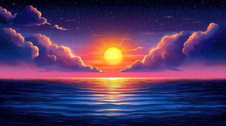 This stunning image captures a vibrant sunset over calm ocean waves, with dramatic clouds and a starry sky. It evokes tranquility and beauty in nature.の素材