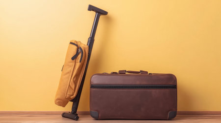 A sleek collection of stylish luggage showcasing a brown suitcase and a yellow travel bag against a vibrant yellow wall, ideal for any traveler.の素材