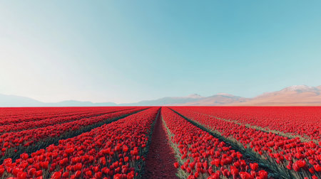 An expansive view of a vibrant red tulip field under a clear blue sky, capturing the beauty of nature in full bloom. Ideal for spring themes and vivid landscapes.の素材