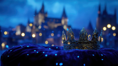 An ornate crown rests on a plush velvet pillow, set against a mystical city backdrop filled with enchanting bokeh lights, creating a dreamy atmosphere.の素材