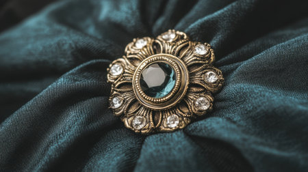 A stunning vintage brooch featuring a blue gemstone surrounded by ornate, decorative elements, set against an elegant fabric backdrop to highlight its beauty.の素材