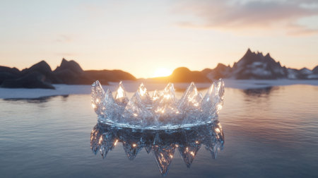 A stunning crystal crown formation emerges from tranquil water, reflecting the warm hues of a sunrise against a backdrop of rocky landscapes and soft clouds.の素材