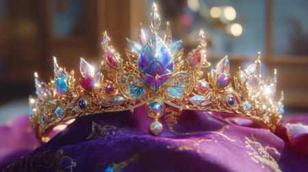 A stunning golden crown decorated with vibrant jewels rests gracefully on soft velvet. This luxurious accessory captures the essence of royalty and fantasy, perfect for creative projects.の素材