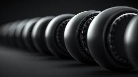 This captivating image showcases a close-up of black industrial components arranged in a row, featuring smooth textures and a striking depth of field effect.の素材