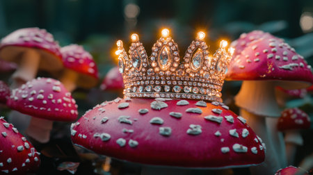 A stunning crown adorned with jewels glimmers atop vibrant red mushrooms in a magical forest, capturing a whimsical and enchanting atmosphere.の素材