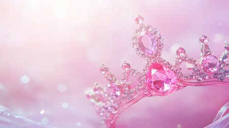 A stunning pink tiara adorned with sparkling gems, set against a dreamy pastel background. Perfect for illustrating themes of royalty and elegance.の素材