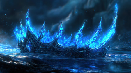 A stunning glowing crown emerges from mystical waters, radiating ethereal blue light. This enchanting image captures a surreal landscape, perfect for fantasy lovers.の素材