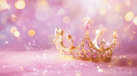 A stunning gold crown adorned with pink gemstones rests elegantly on a soft pink background. Sparkling bokeh lights enhance the regal atmosphere, perfect for celebrations.の素材
