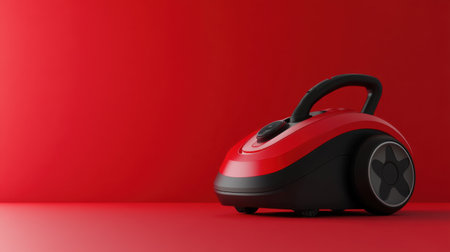 A bright red vacuum cleaner positioned against a solid red background, showcasing modern design and functionality ideal for home cleaning and aesthetics.の素材