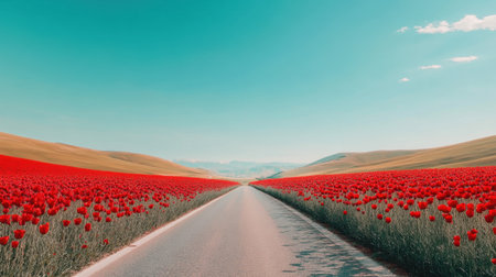 A stunning scenic view of a road flanked by vibrant red flowers stretching towards the horizon under a clear blue sky, perfect for travel inspiration.の素材