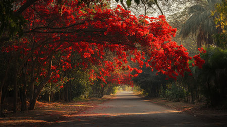 A stunning view of a serene pathway enveloped by vibrant red blossoms, illuminated by warm sunlight, creating a peaceful atmosphere in nature.の素材