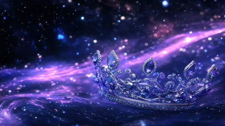 This stunning image features a sparkling silver crown set against a mesmerizing cosmic background filled with vibrant colors and twinkling stars.の素材