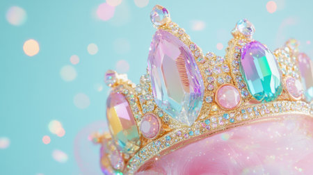 A stunning tiara featuring an array of colorful gemstones shines brilliantly against a soft blue background, embellished with dreamy bokeh lights.の素材