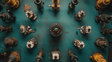 A visually striking arrangement of industrial machinery components is displayed on a turquoise surface, showcasing tools and parts in a circular layout.の素材