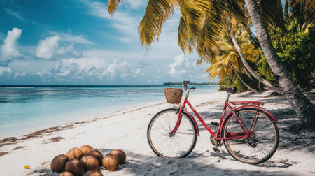 A charming red bicycle rests on a sandy tropical beach, surrounded by palm trees and coconut shells, inviting thoughts of adventure and relaxation in paradise.の素材