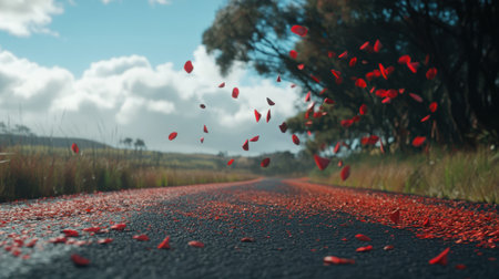 A serene scene showcasing vibrant red petals falling gently on a quiet asphalt road, creating a vivid contrast against lush greenery and a clear blue sky.の素材