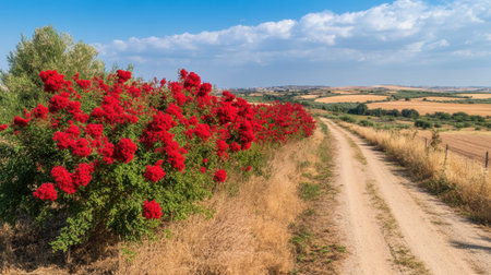 A picturesque view of a dusty path flanked by bright red flowers, showcasing the tranquil beauty of the countryside under a blue sky.の素材