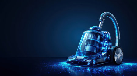 This image showcases a futuristic vacuum cleaner with glowing blue lights against a dark backdrop, emphasizing innovation and modern design in cleaning technology.の素材